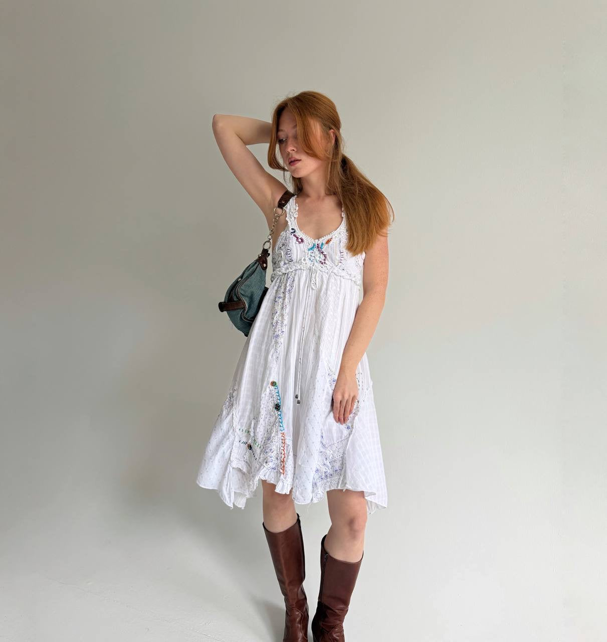 Vintage asymmetrical cotton dress with abstract embroidery