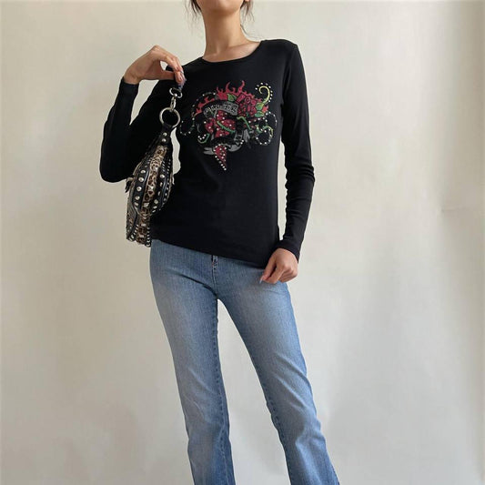 Vintage graphic long sleeve blouse in black