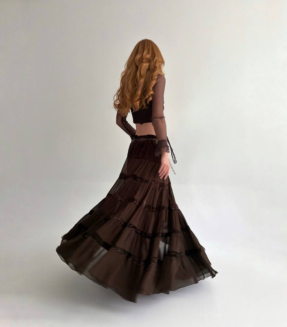 Vintage viscose brown sheer ruched maxi skirt