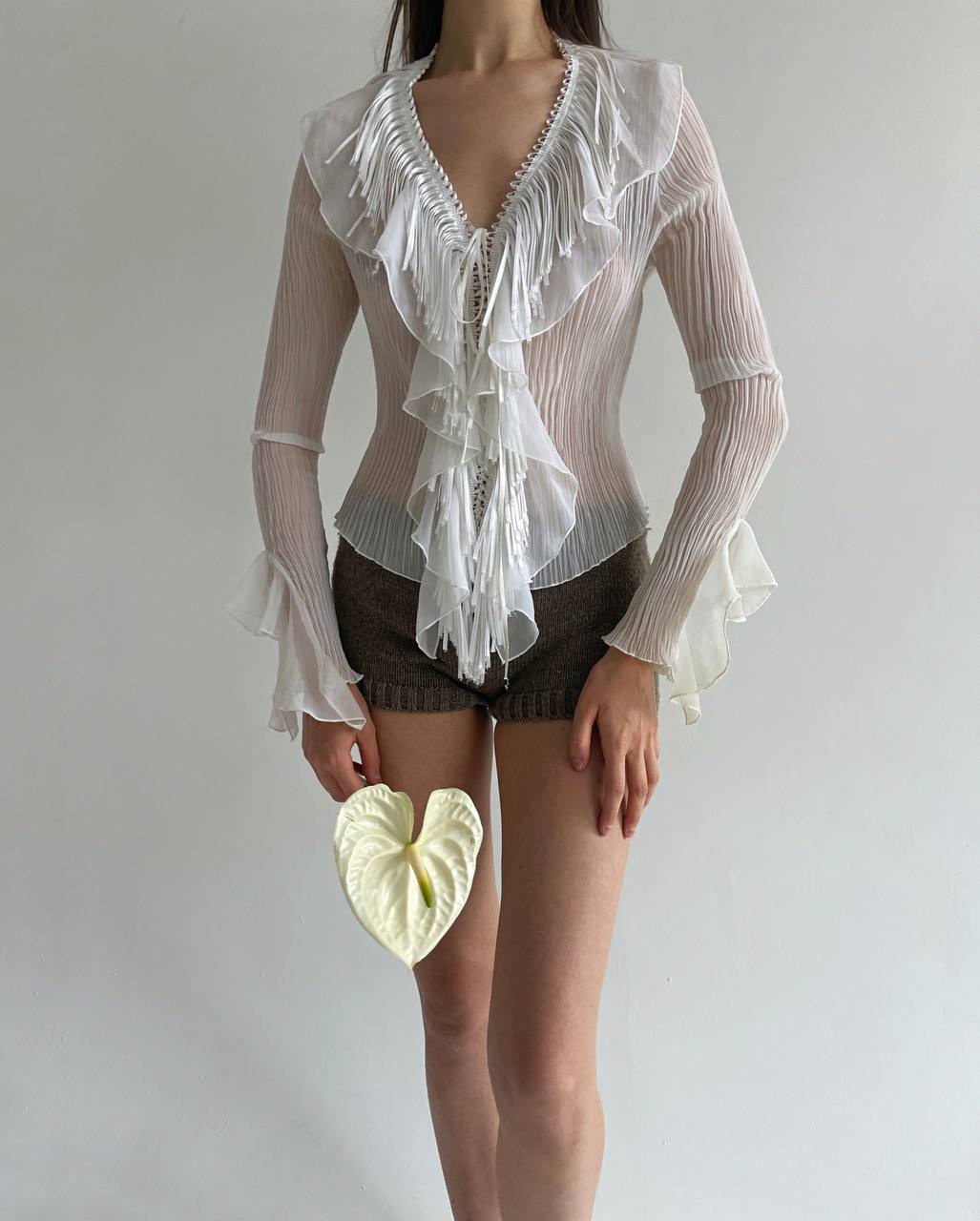 Vintage pleated ruffled blouse with tassels