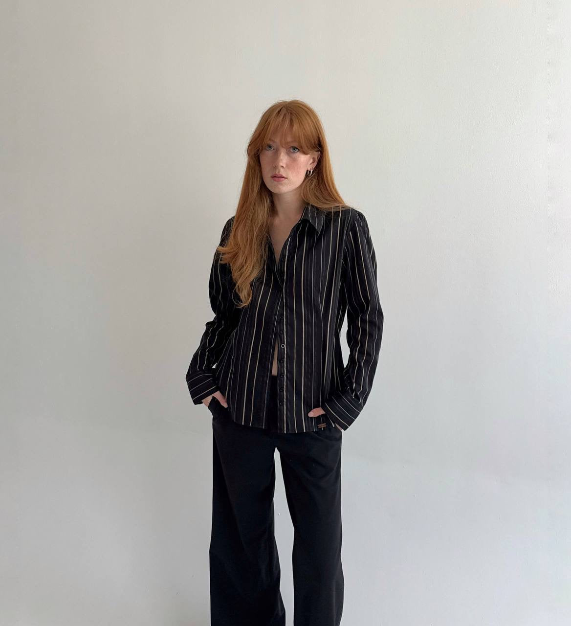 Vintage striped 55% cotton black shirt
