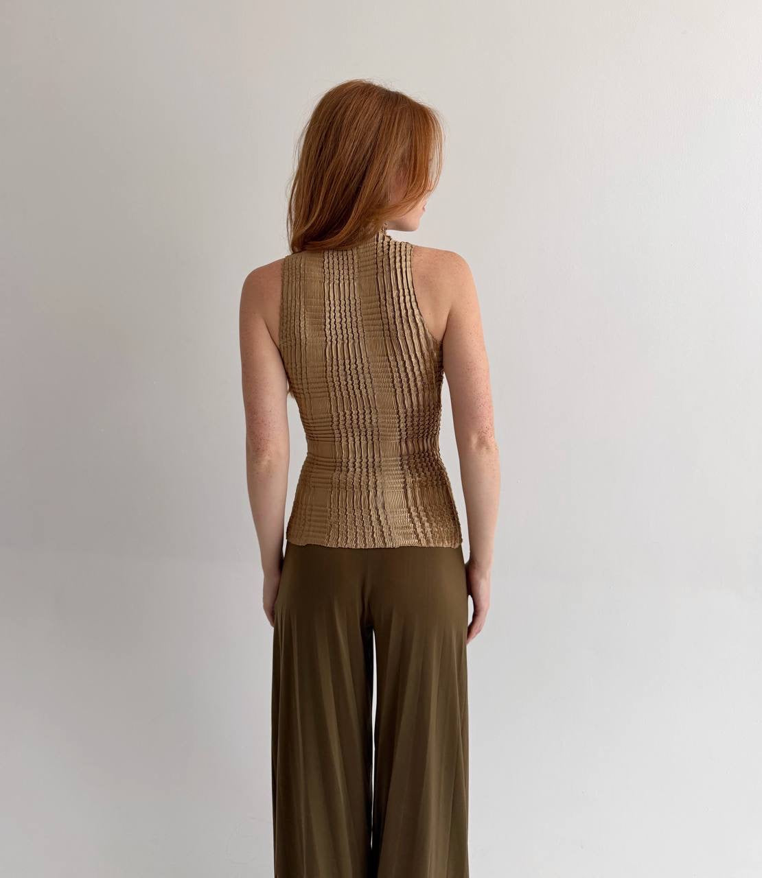Vintage beige bronze pleated avant garde top