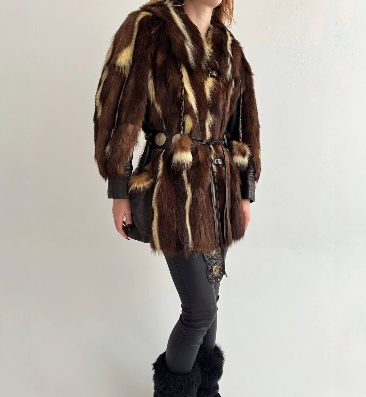 Vintage real fur coat with tortoise shell belt