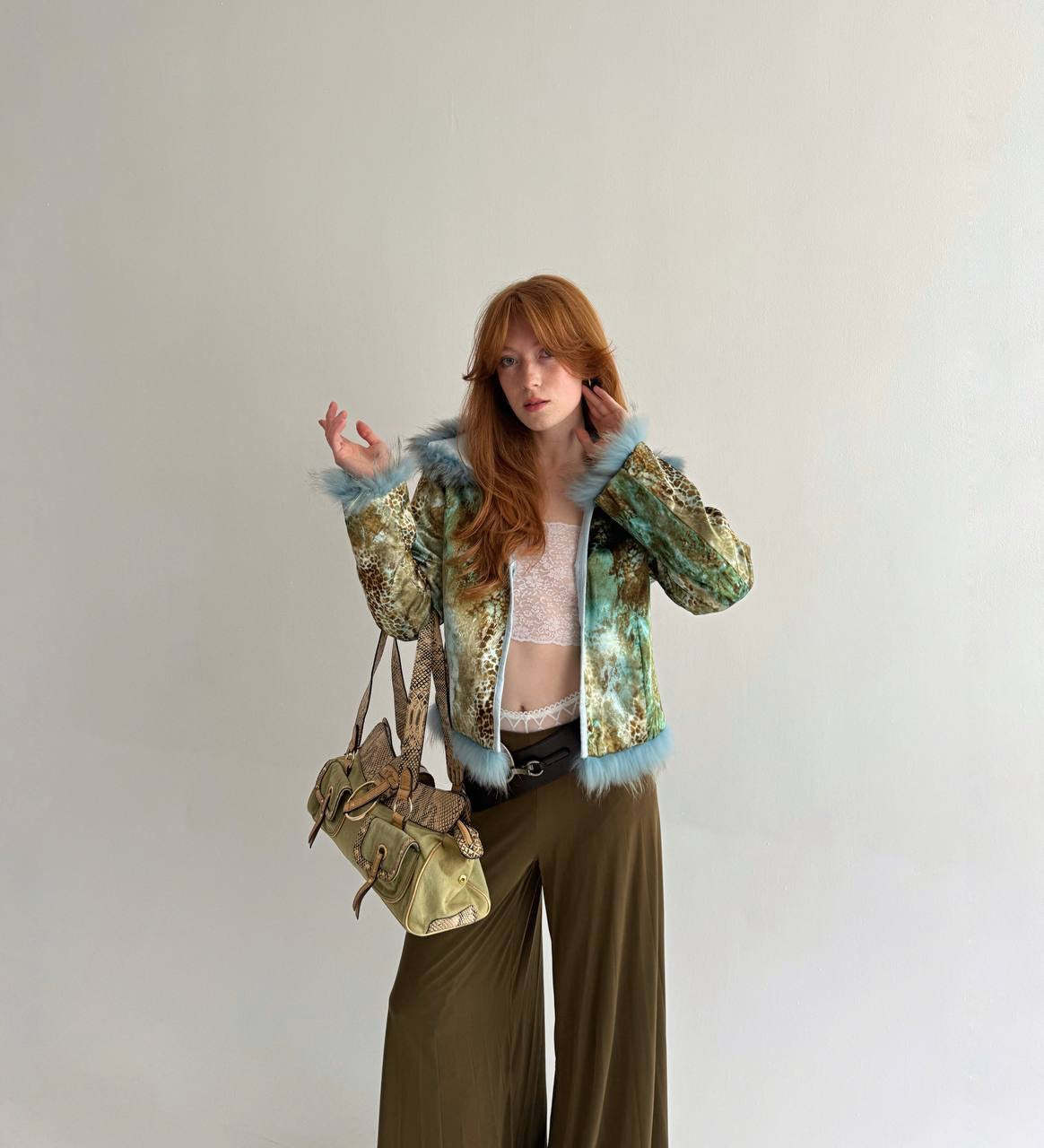 Vintage baby blue satin jacket with mixed faux