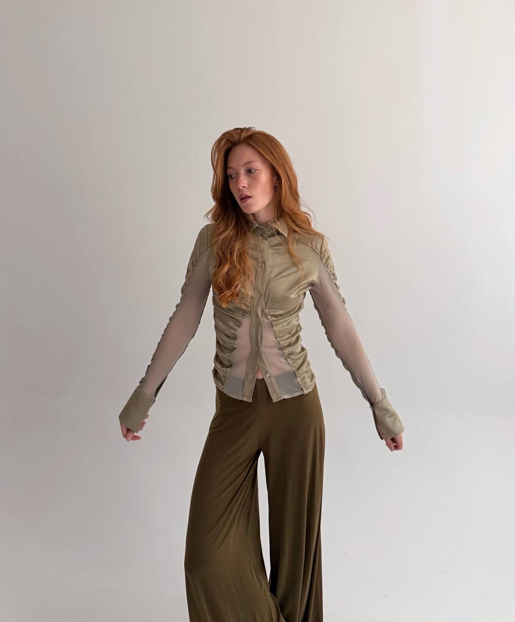 Vintage viscose olive green satin button-up blouse