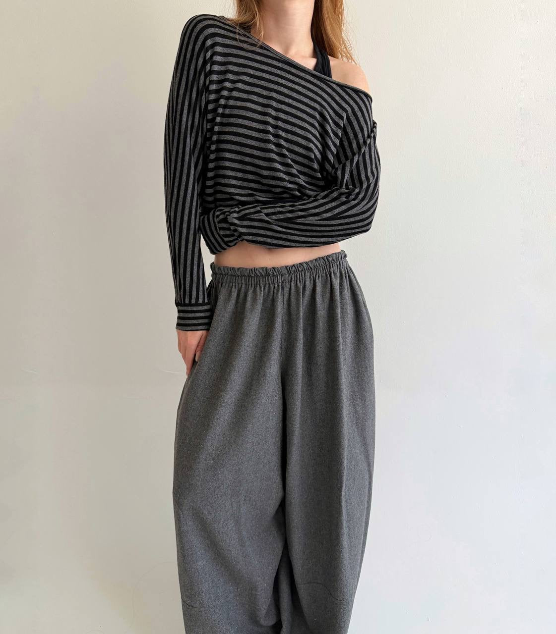 Vintage striped cropped long sleeve blouse