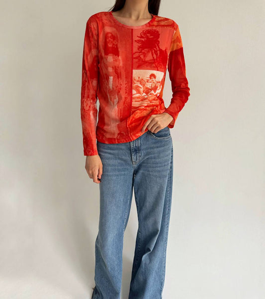 Y2K mesh printed blouse