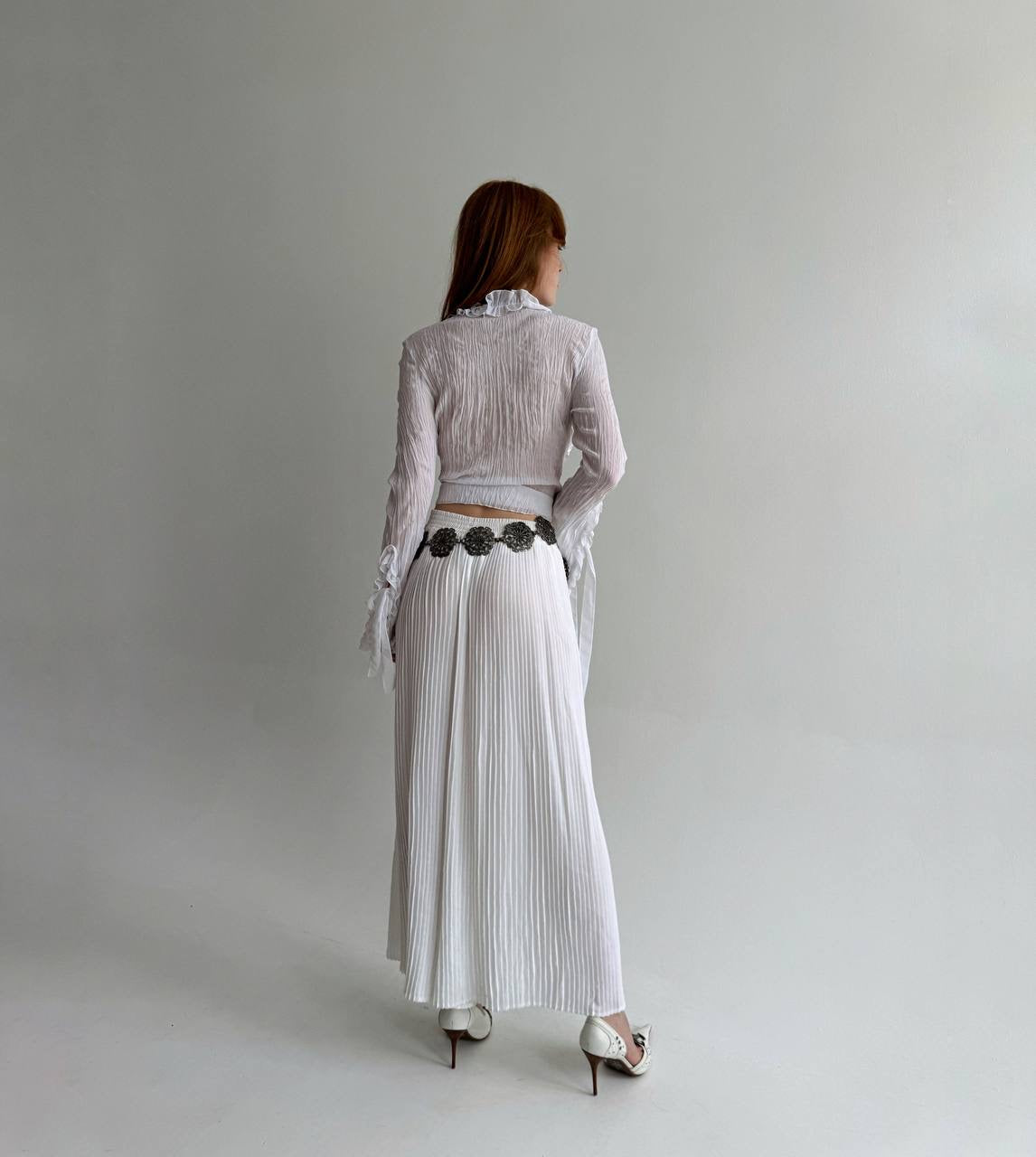Vintage pleated white long wide pants