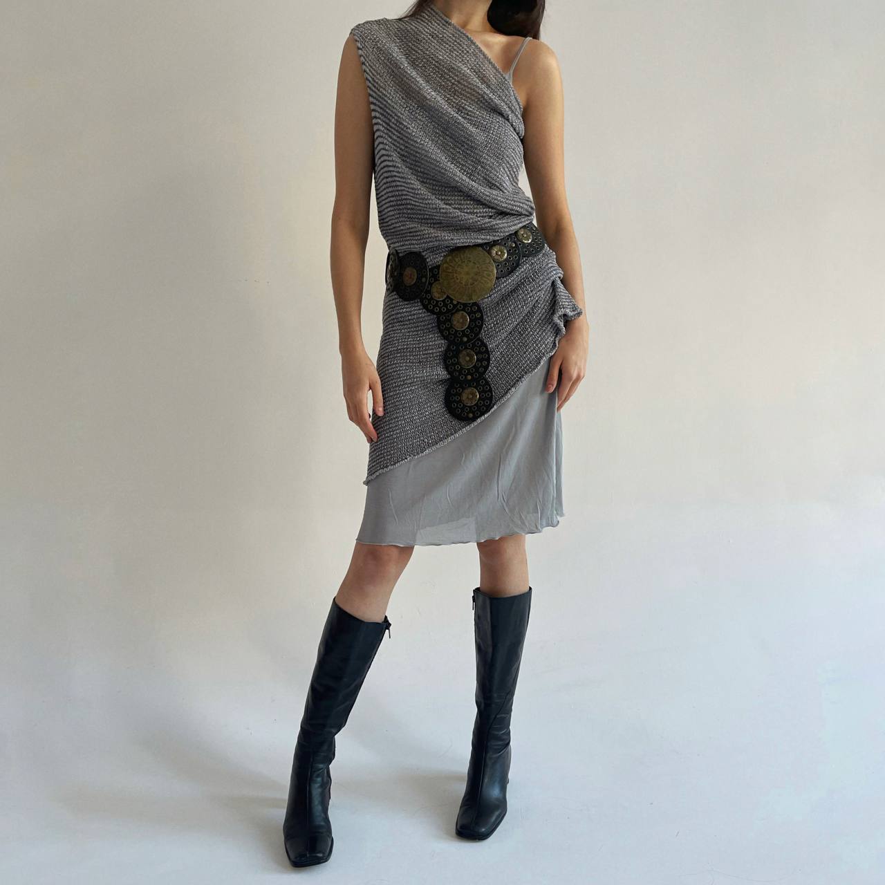 Y2K Sarah Pacini grey chainmail dress with additional slip dress