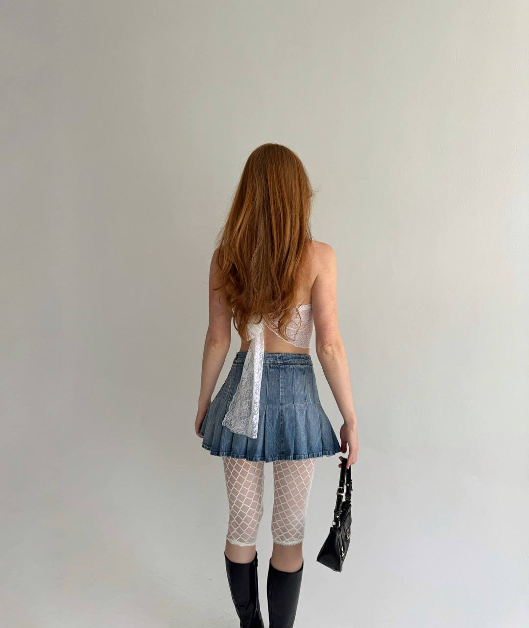 Vintage light blue denim asymmetrical pleated skirt