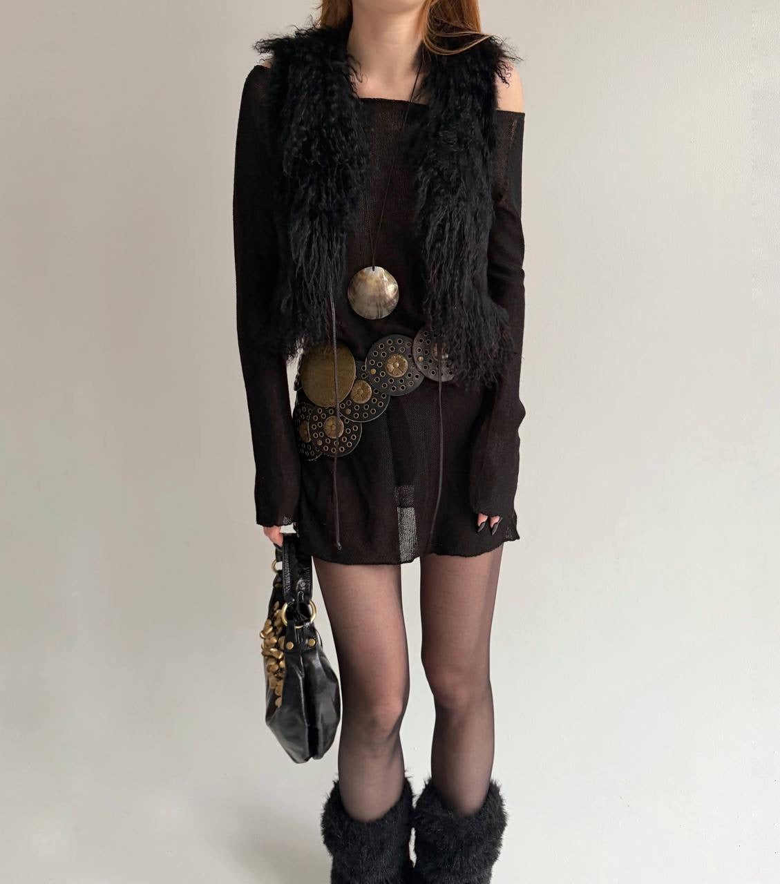 Black fur cropped vest