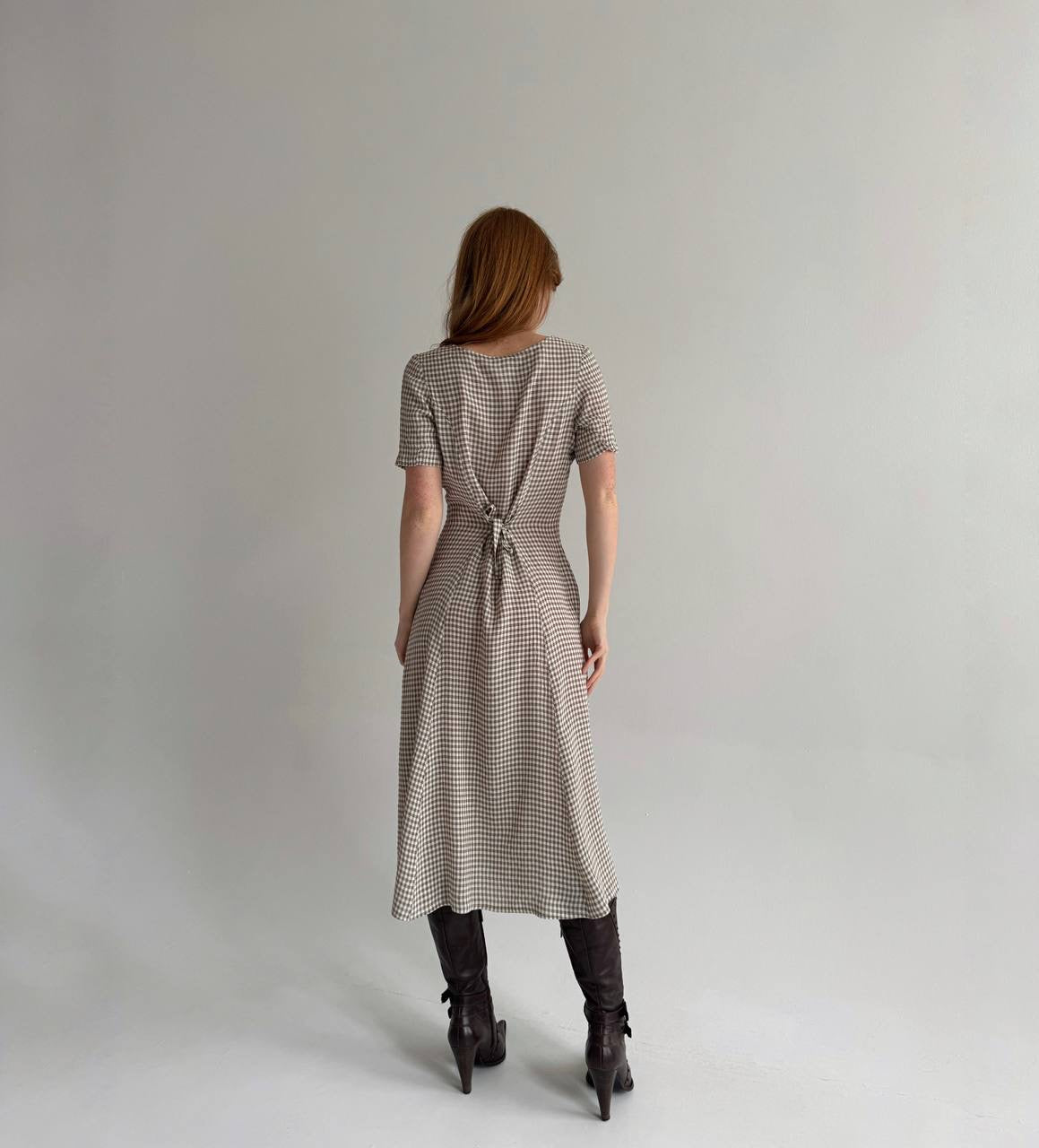 Vintage viscose checked dress with a waist tie