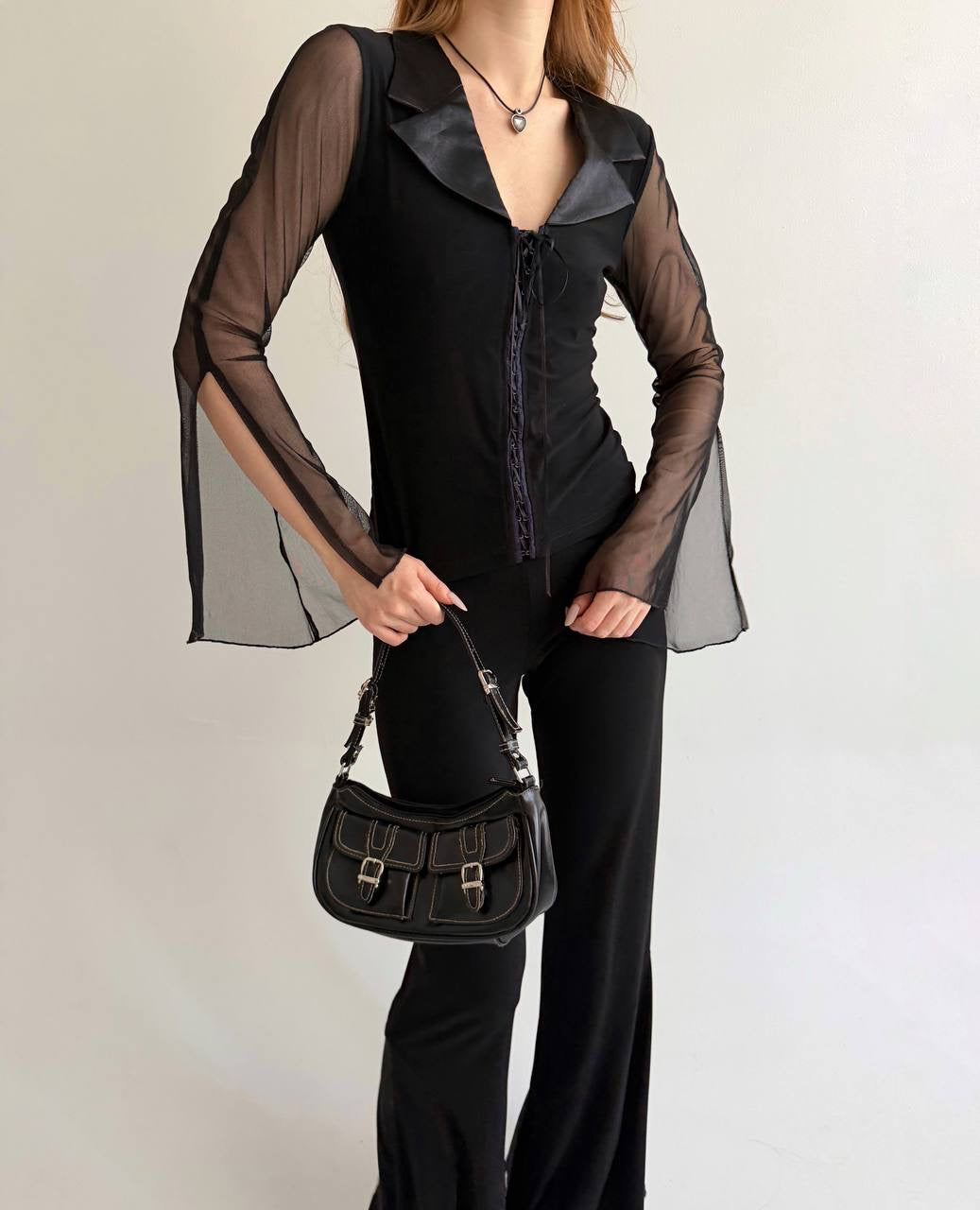 Vintage black blouse with sheer sleeves