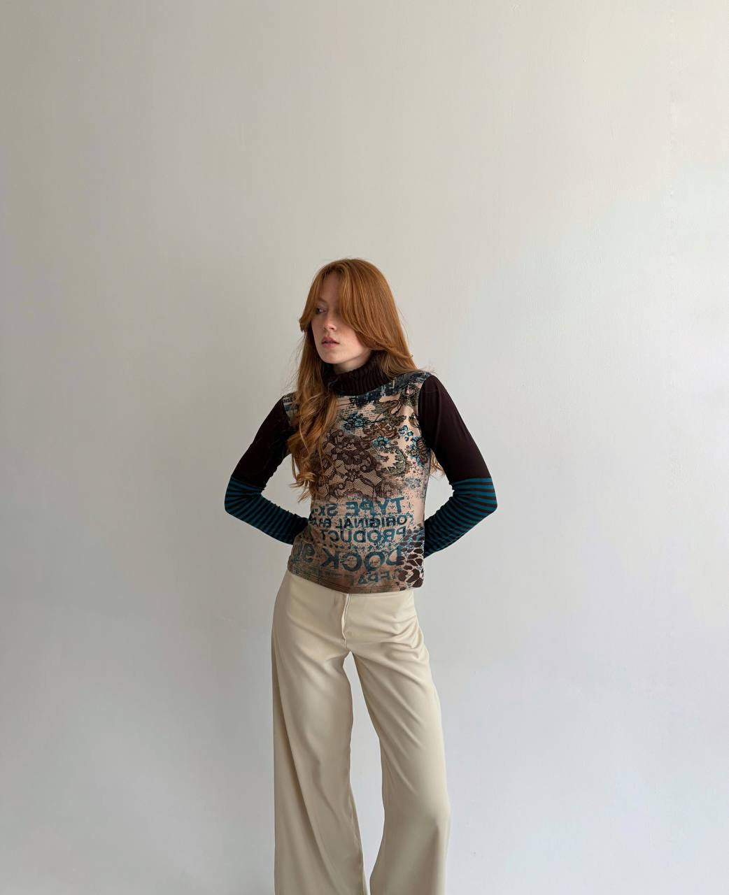 Vintage viscose printed blouse with knitted turtleneck