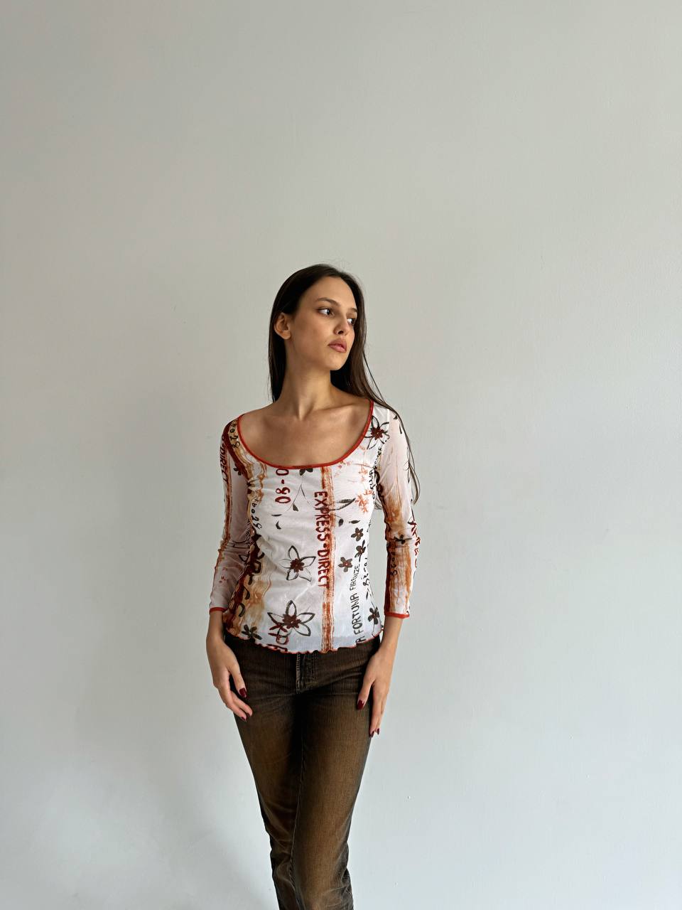 Vintage mesh printed embroidered blouse