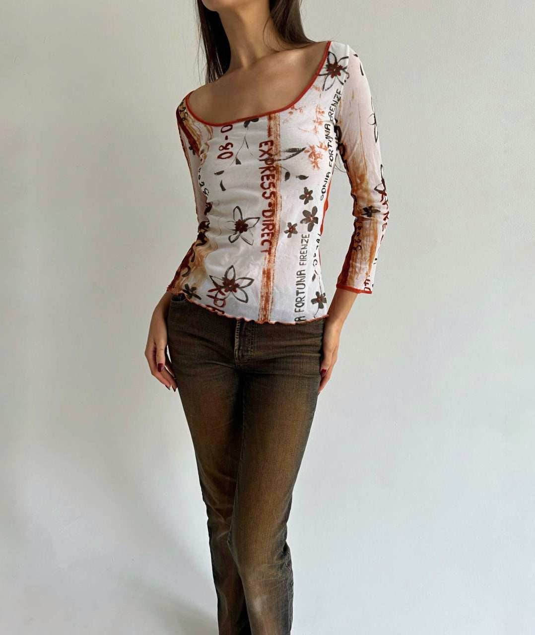 Vintage mesh printed embroidered blouse