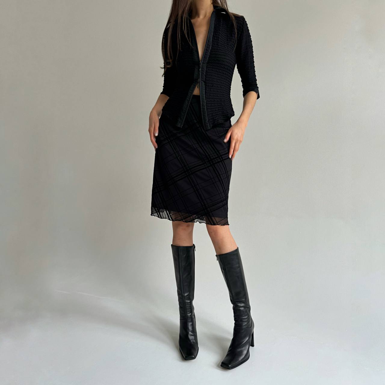 Vintage checked midi skirt with velour details
