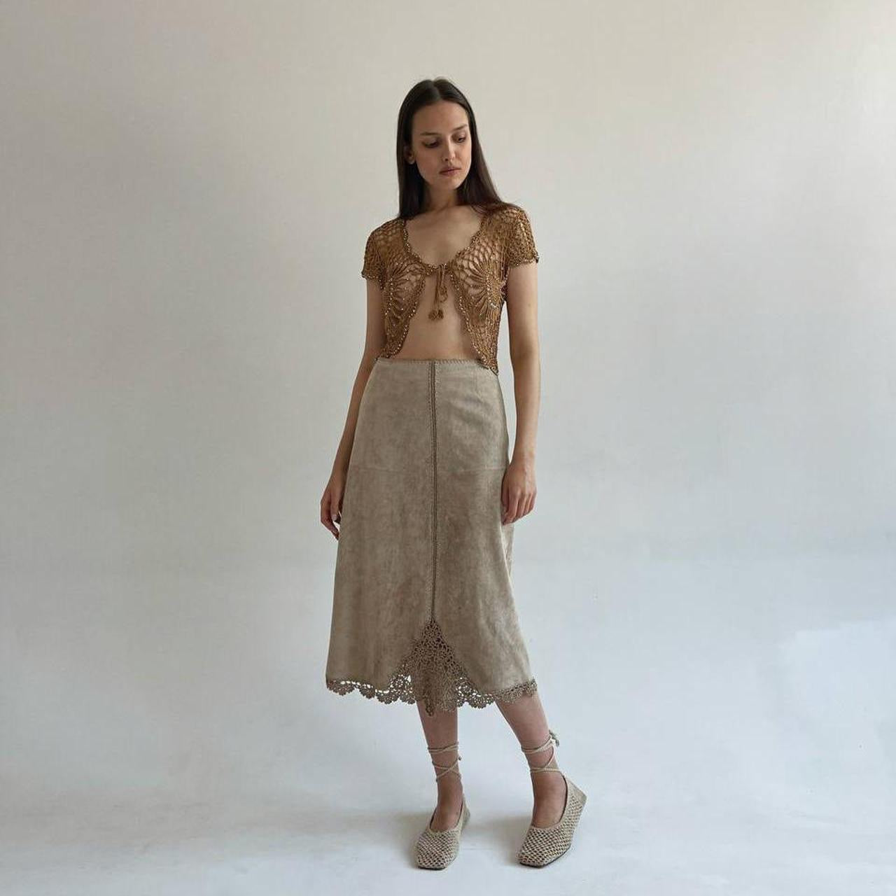 Vintage leather beige midi skirt with crochet detail