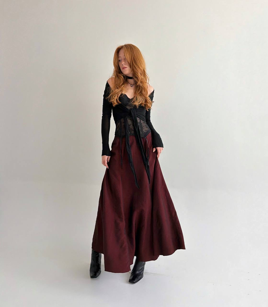 Vintage 53% viscose burgundy maxi skirt
