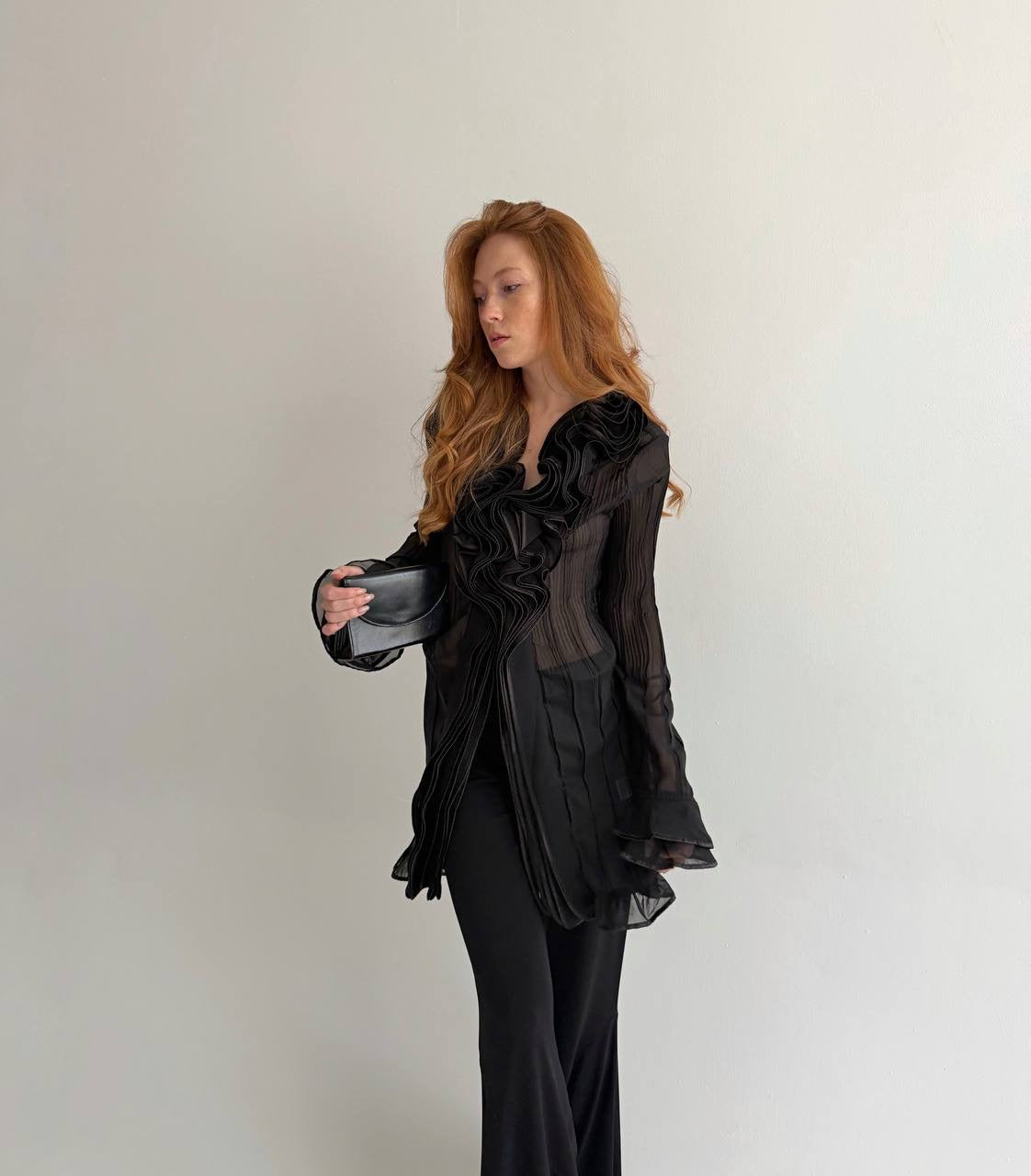 Vintage black ruffled semi sheer long blouse