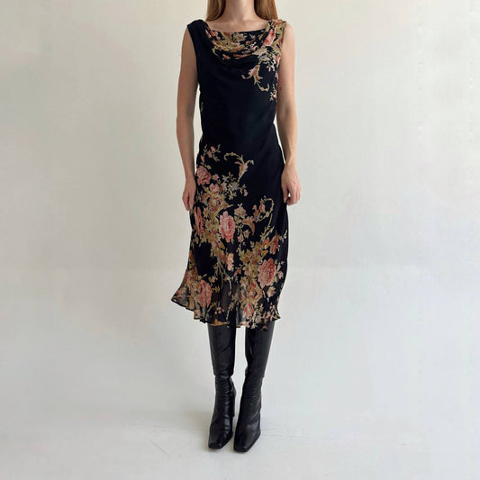 Vintage rayon dress with flower print and beads