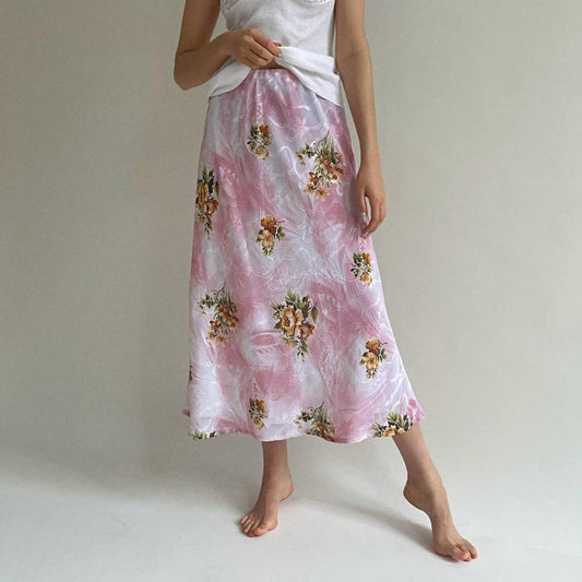 Vintage pink flower printed skirt