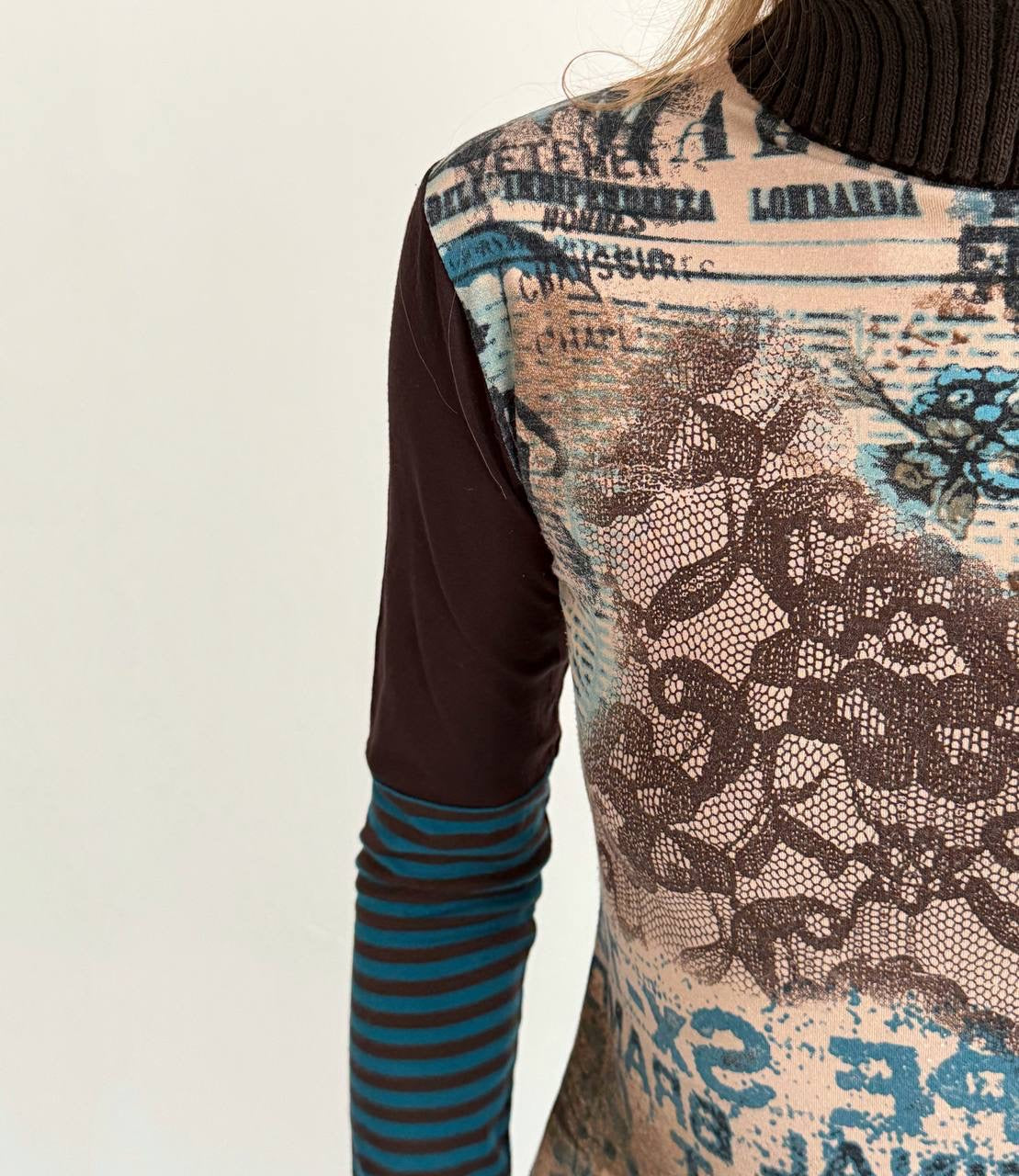 Vintage viscose printed blouse with knitted turtleneck