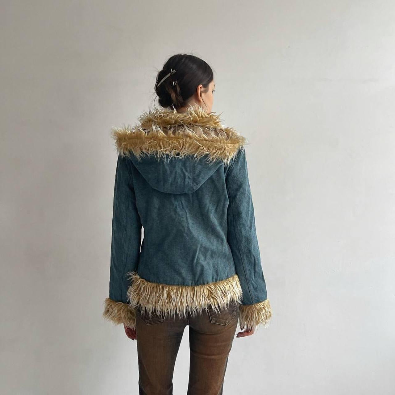 Vintage denim jacket with faux fur and a hood