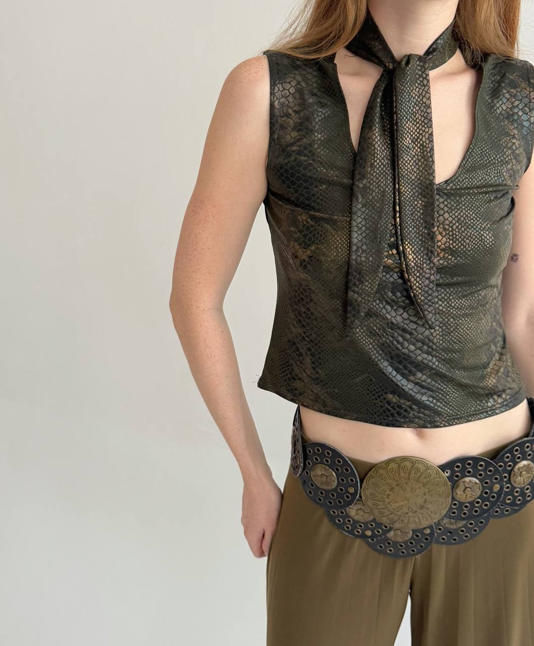 Vintage 70% viscose faux python texture top