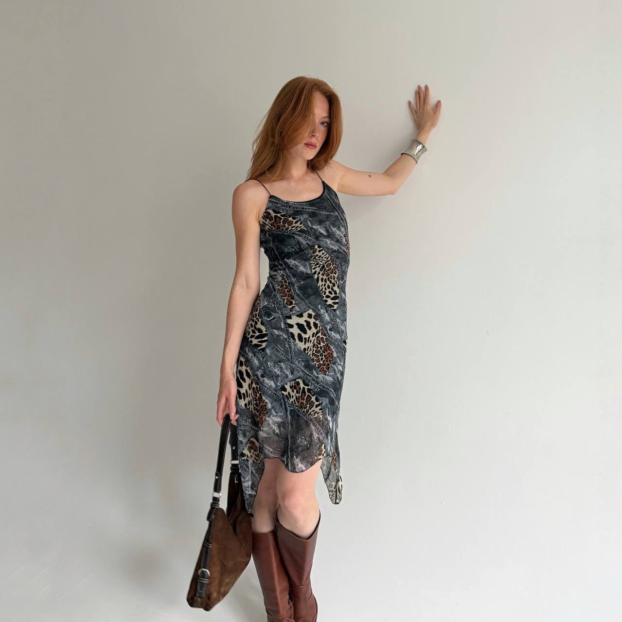 Vintage leopard and denim print midi dress