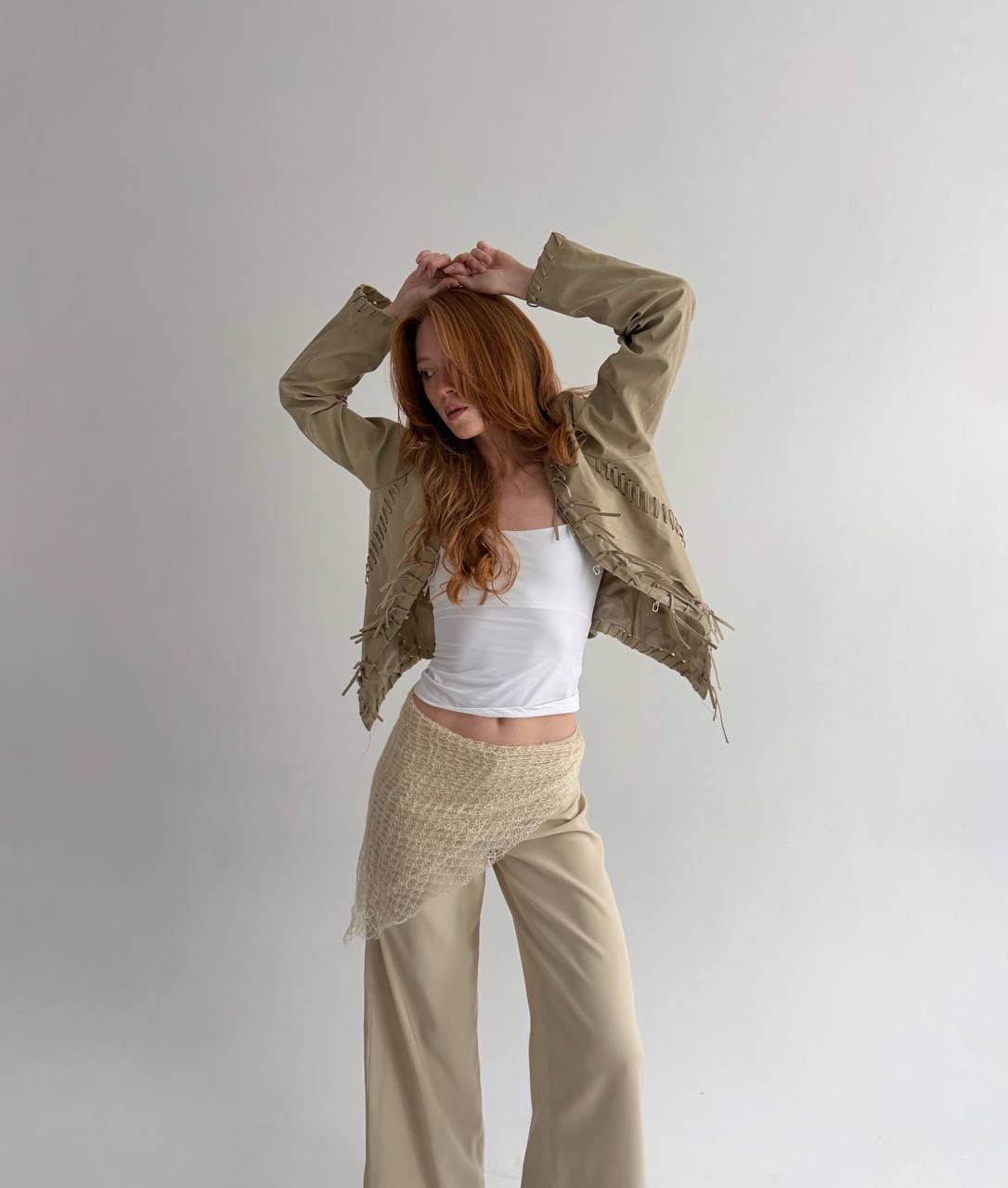 Vintage beige faux leather jacket with fringe detailing