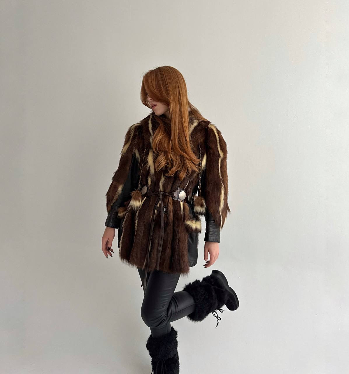 Vintage real fur coat with tortoise shell belt