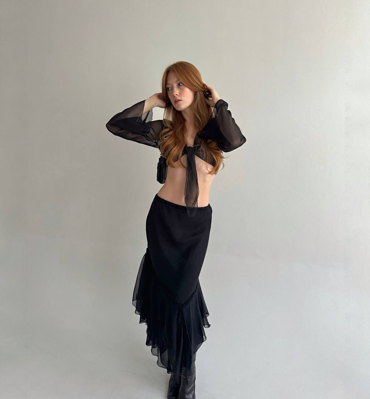 Vintage viscose black asymmetrical layered bottom skirt with ruched detail