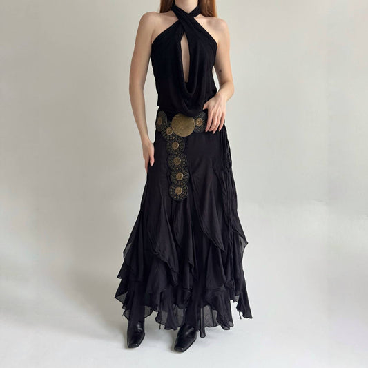 Vintage cotton black ruffled maxi skirt
