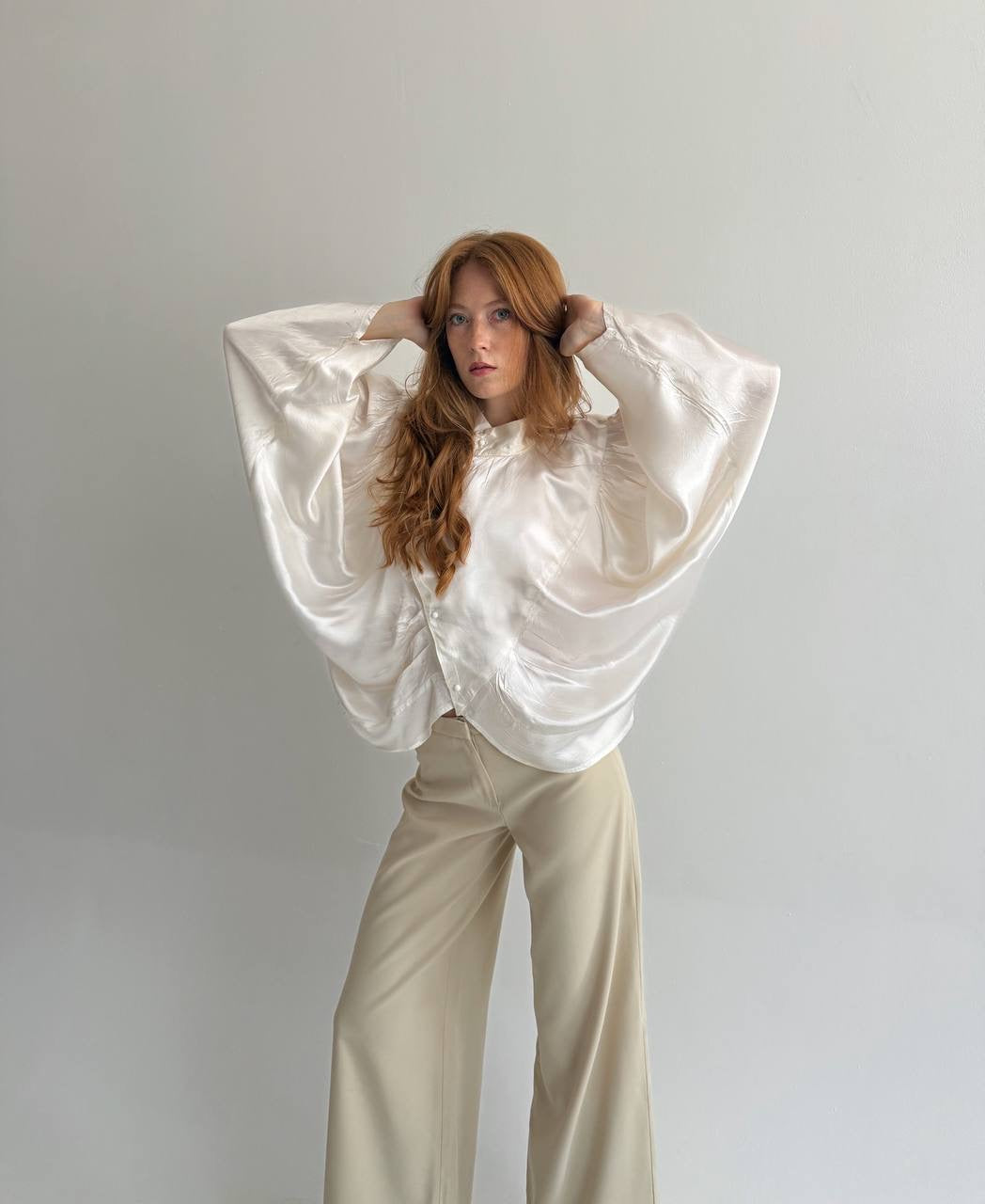 Vintage viscose cream satin asymmetrical blouse
