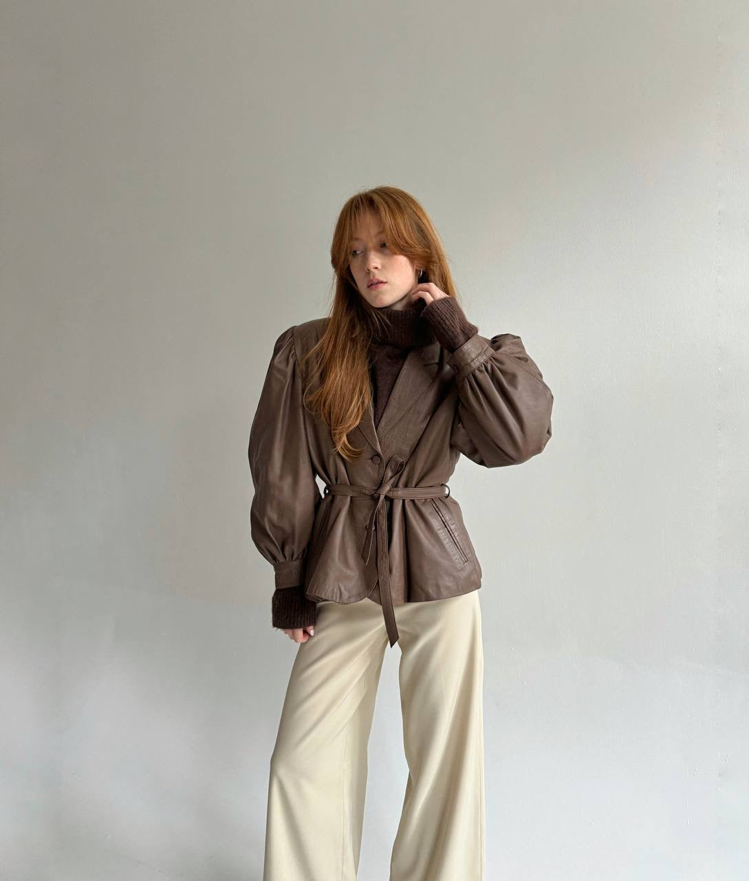 Vintage faux leather jacket with waist tie
