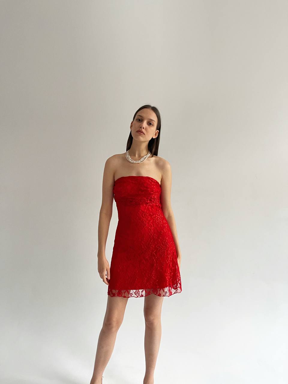 Vintage red lace strapless mini dress