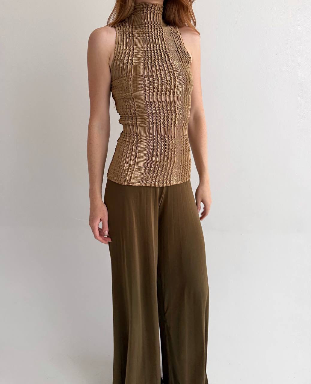 Vintage beige bronze pleated avant garde top