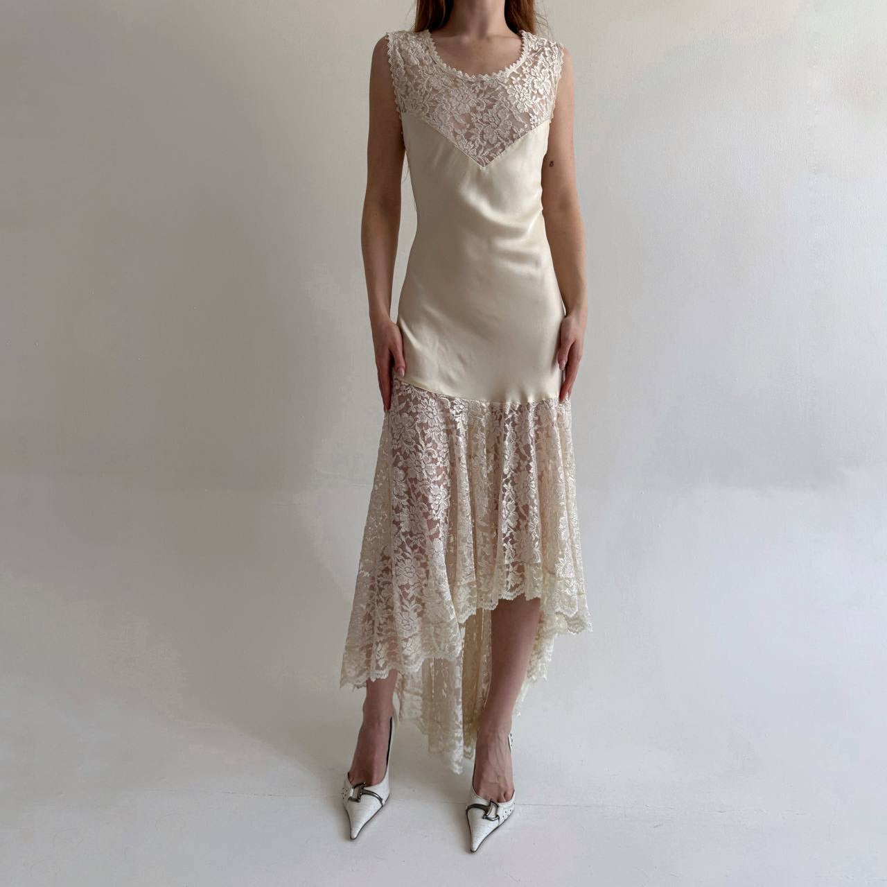 Vintage 80s pure silk antique inspired lace dress
