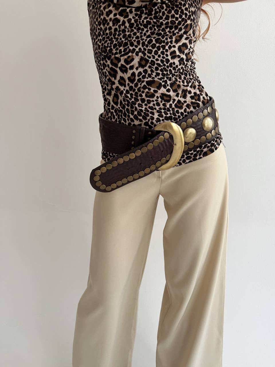 Vintage faux leather brown wide belt with gold tone details and big buckle