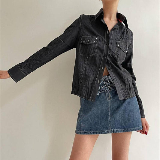 Vintage black crinkle blouse with rhinestones