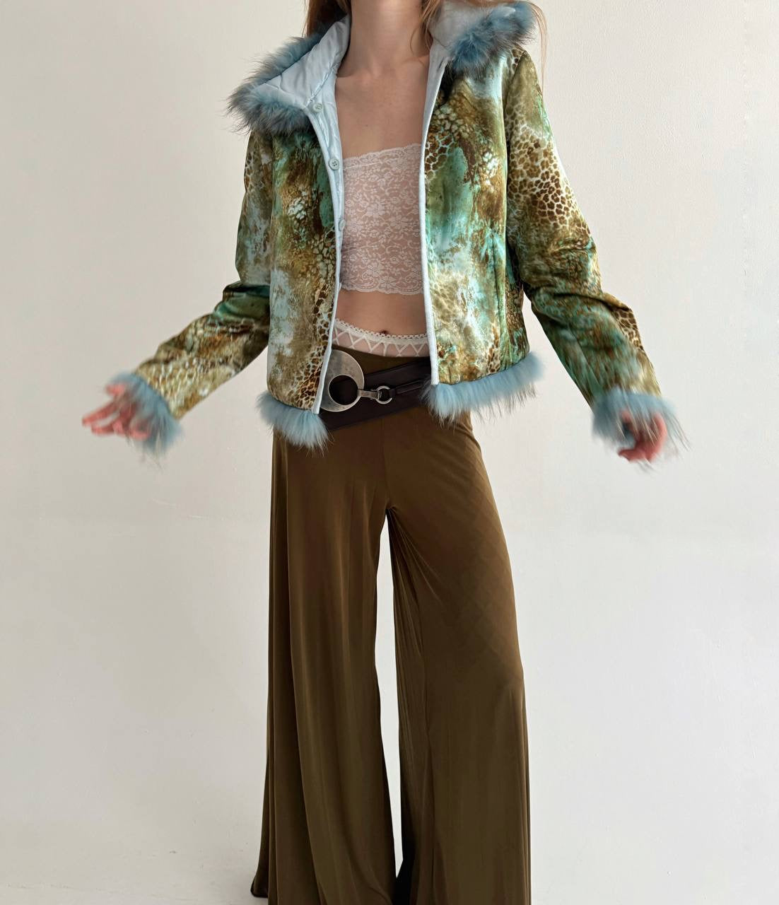 Vintage baby blue satin jacket with mixed faux