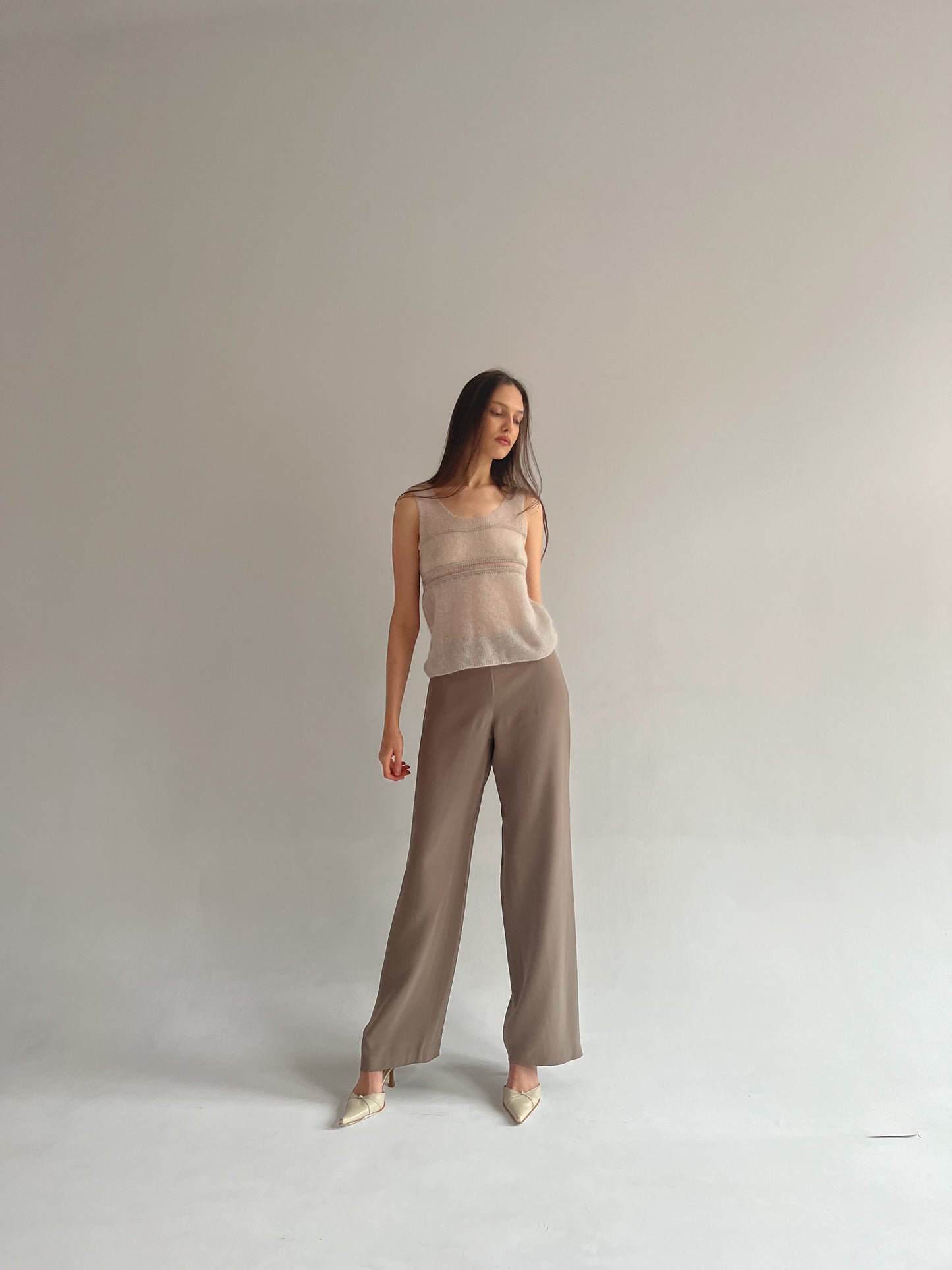 Armani Collezioni taupe silk and acetate long pants