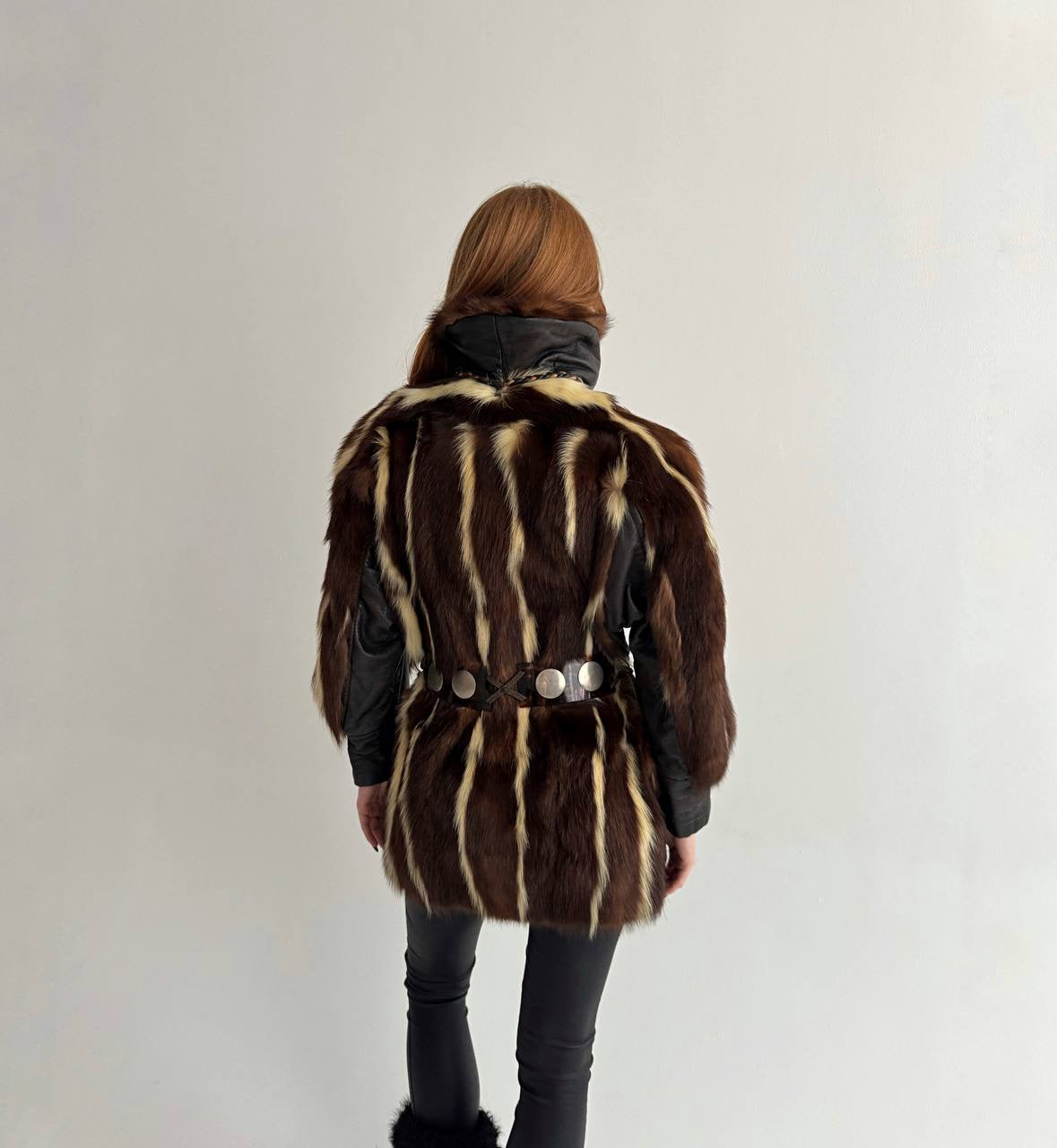 Vintage real fur coat with tortoise shell belt