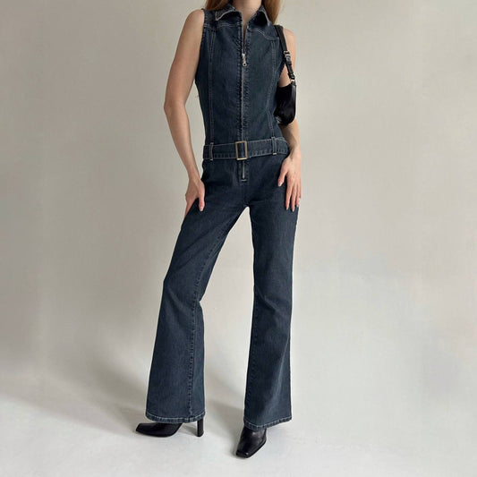 Vintage denim jumpsuit with a belt and front zip