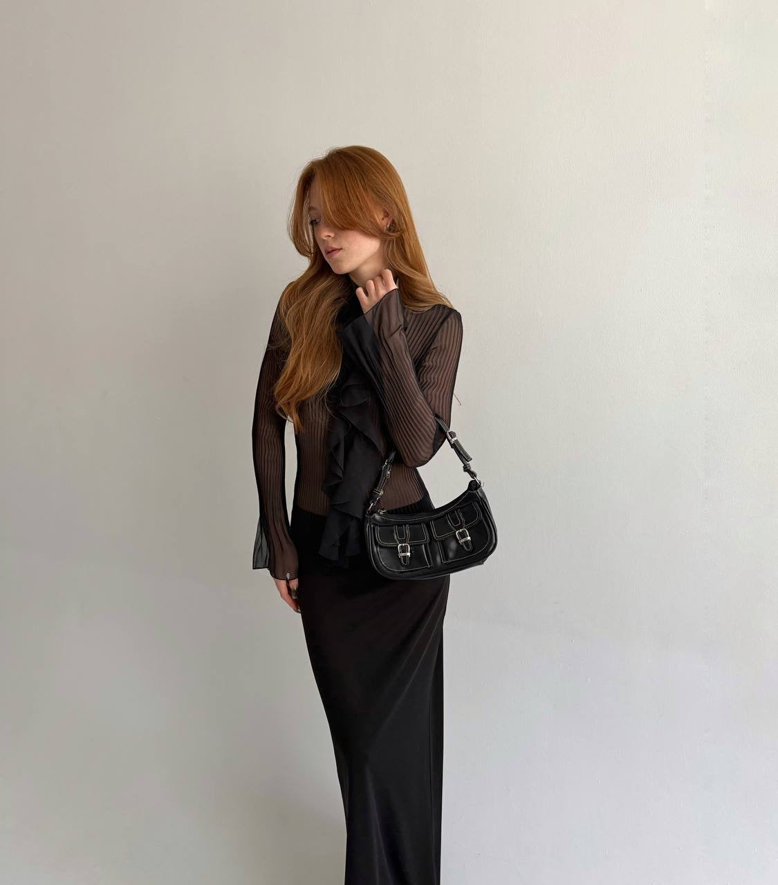 Vintage black sheer pleated blouse