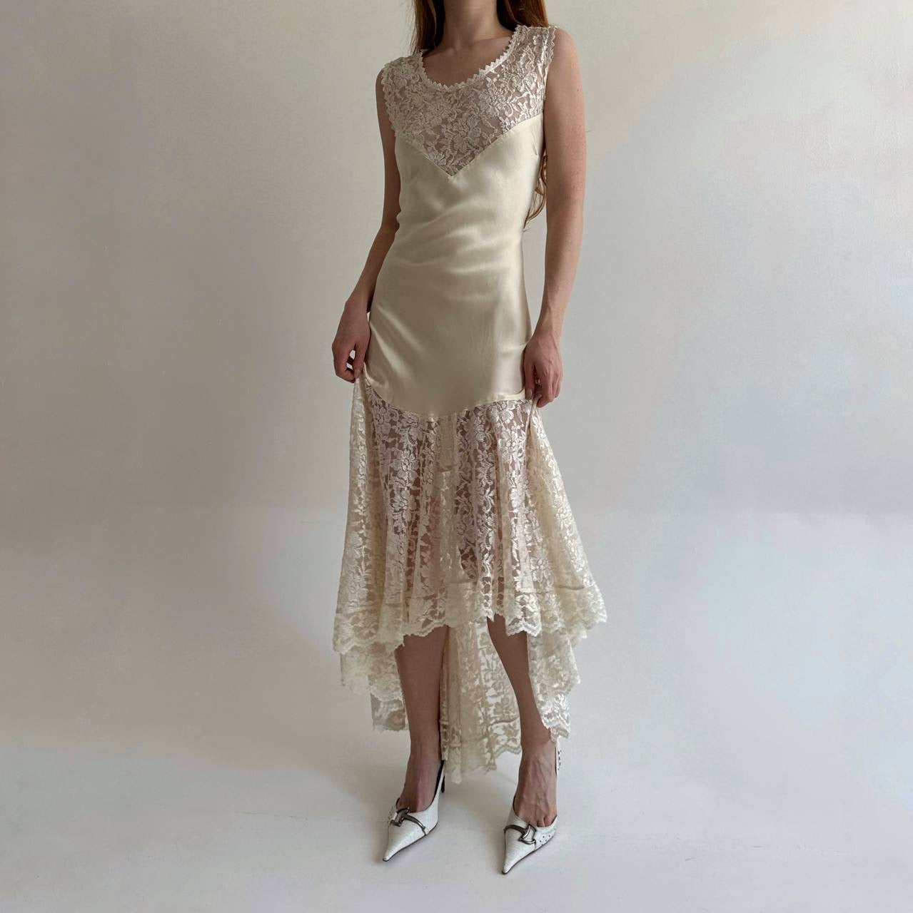 Vintage 80s pure silk antique inspired lace dress