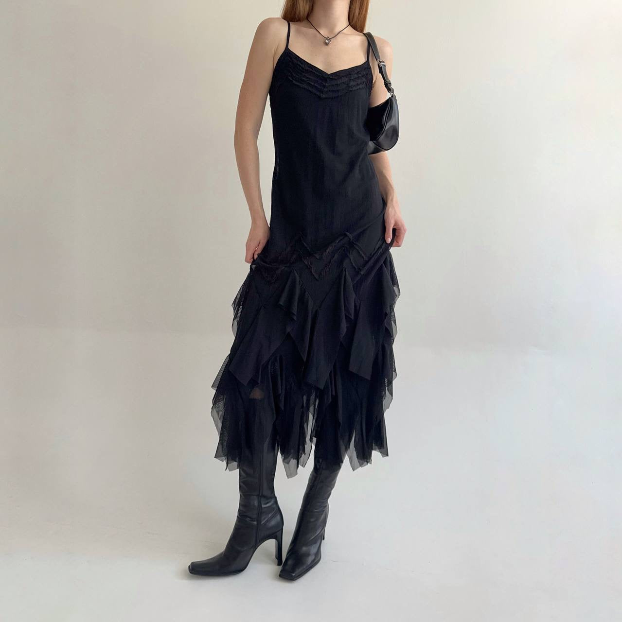 Y2K black asymmetrical slip dress