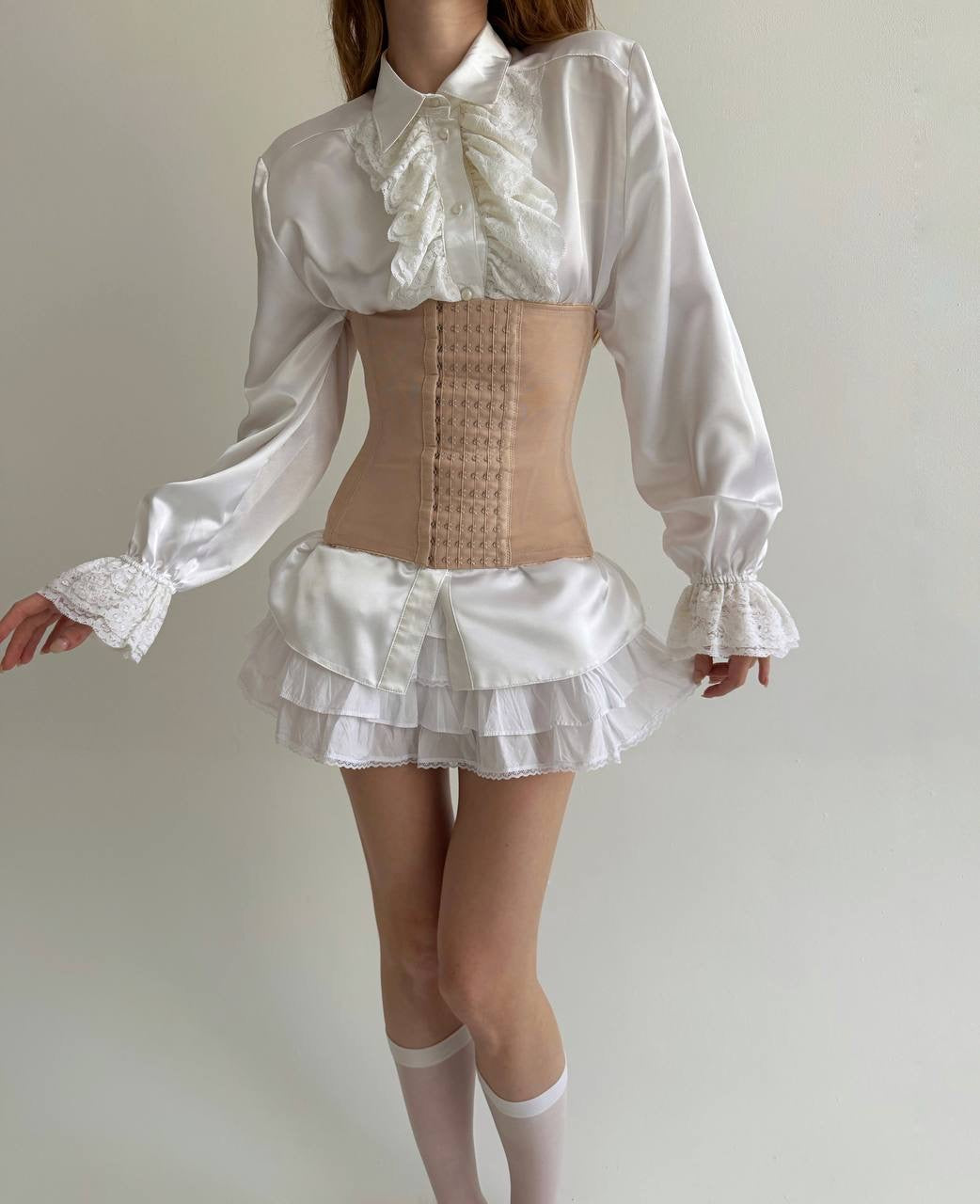 Vintage satin white shirt with lace