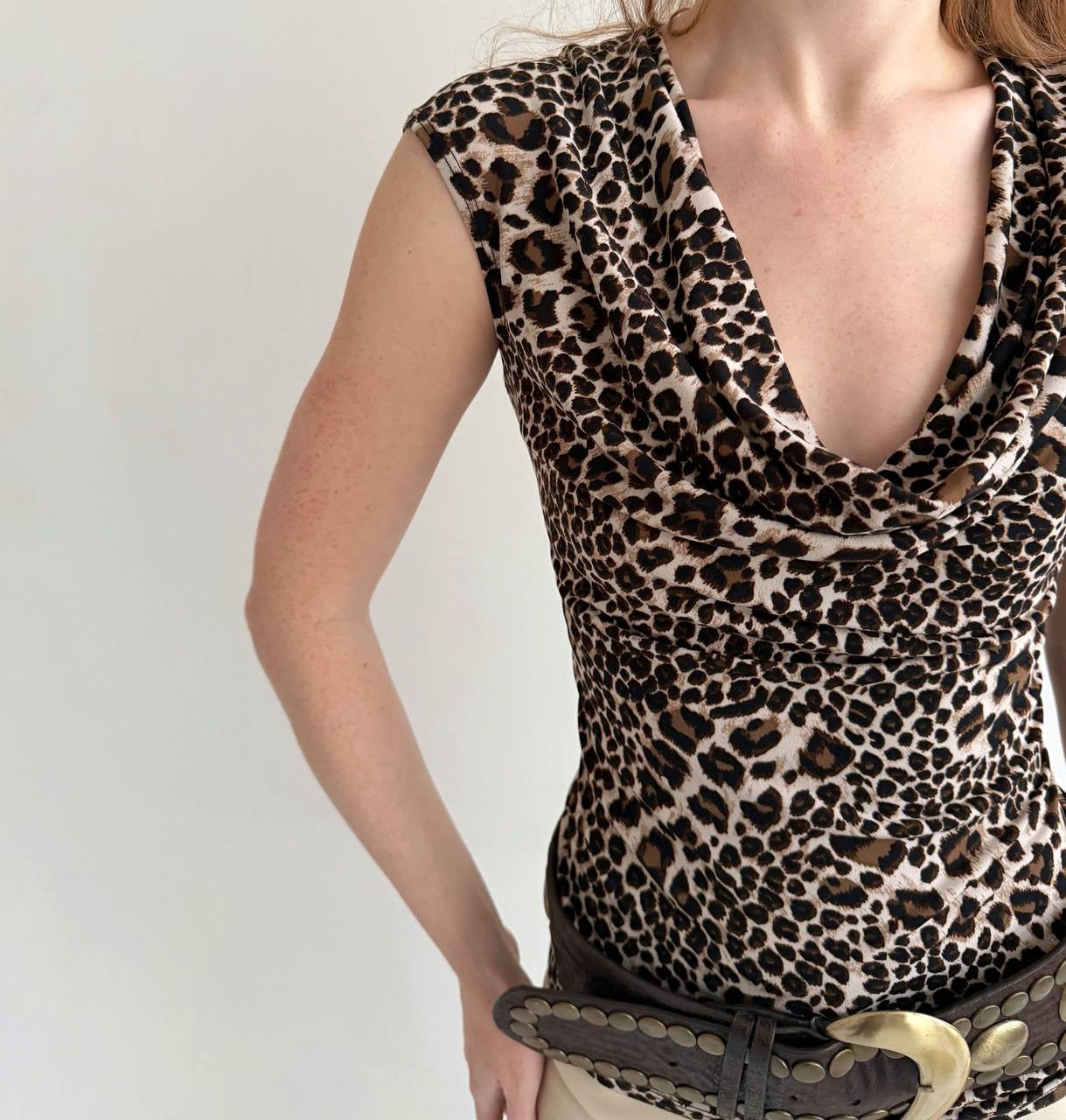 Y2K leopard print draped blouse
